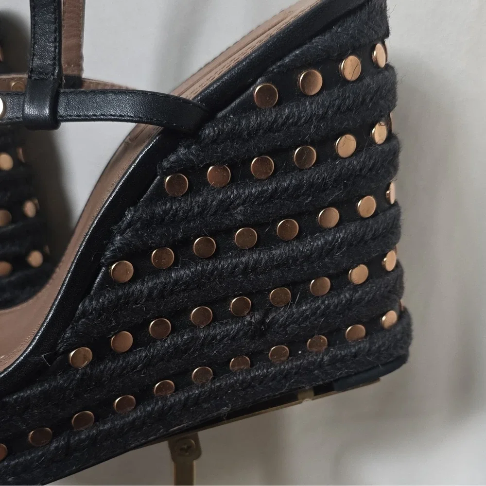 BCBGMAXAZRIA Paige Women's Black Calf Leather Studded Wedge 10M
